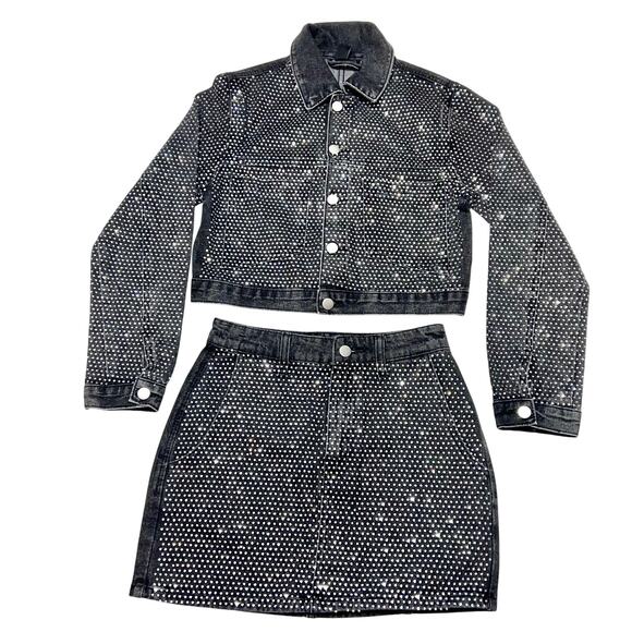 Windsor Denim Jacket & Skirt 2 Piece Set Small Black Rhinestones All Over New - Picture 1 of 15